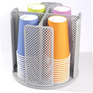 Rotating Paper Cup Dispenser, Cup Holder with 4 Compartments, Disposable Coffee Cup Dispenser Removable, Plastic Cup Storage & Lid Holder for Countertops, Kitchen, Coffee Stations (Gray)