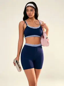 SLYNVIA Yoga Womens Plaid Patchwork Camisole and Shorts 2 Piece Set Navy Blue Gingham