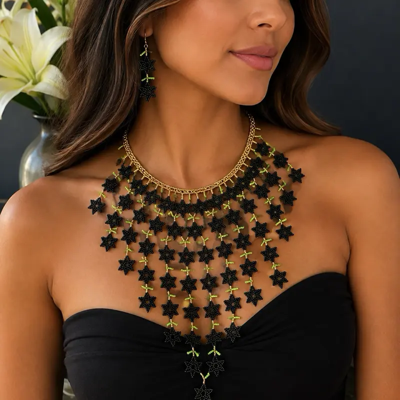 Mexican Huichol Chaquira Beaded 3-Piece Set - Largo Collar, Earrings, and Bracelet