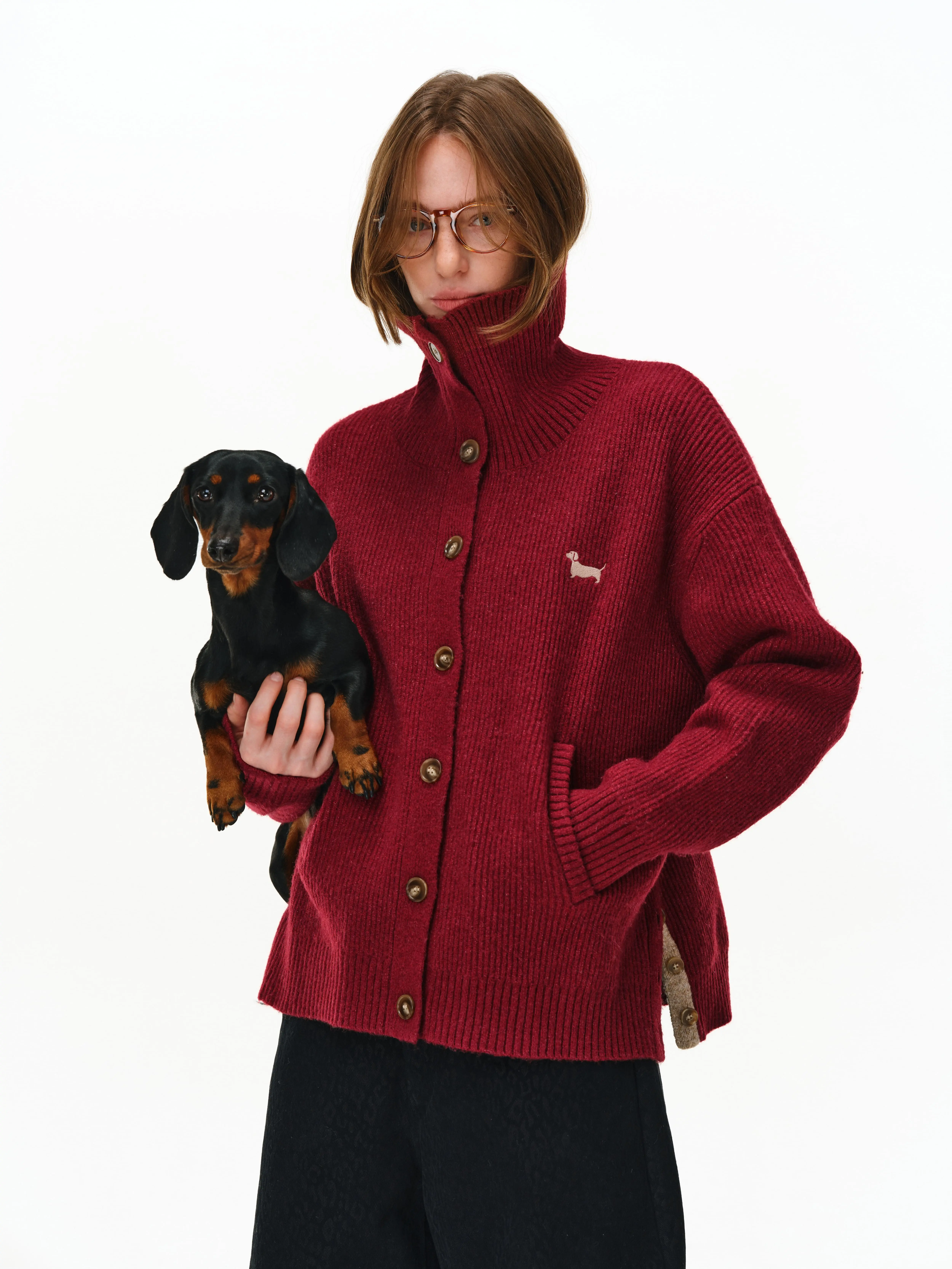 PCLP Unisex Minimalist Souffle Knit Turtleneck Cardigan in a Polyester Wool Blend Fabric with a Slit Hem, Everyday