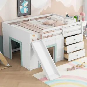 Full Size Low Loft Bed with Slide,Three Storage Drawers and Two Doors, Wood Loft Bed Frame, White