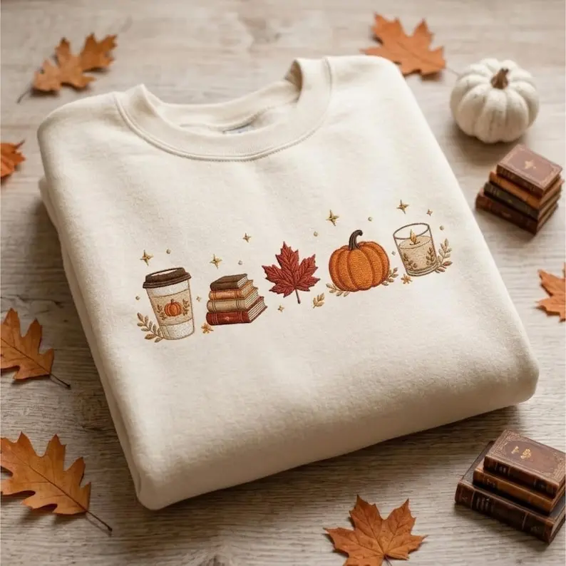 Embroidered Cozy Fall Apparel, Unisex Sweatshirt, T-shirt, And Hoodie, Cotton Top With Seasonal Autumn Graphic, Comfortable Casual Clothing For Everyday Style