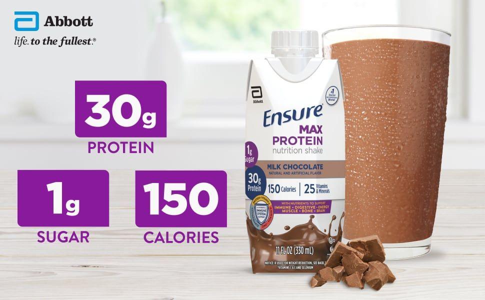 Ensure Max Protein Milk Chocolate Shake, 30g High Protein, 12 Pack | 30g Protein to Support Muscle Health & Manage Hunger for Adults, Each Protein Shake has 1g Sugar, 150 Calories, 4g Fiber