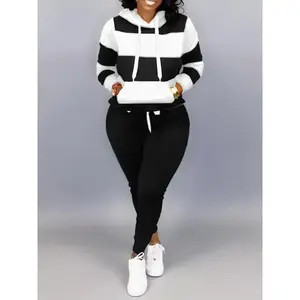 Plus Size Casual Set Lady Adds Block Stripes Long sleeved rope Hoodie Hooder and jogging trousers 2-piece set with raincoat (gift)