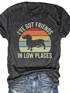 Women's Dachshund, Animal & Letter Print Round Neck Graphic Tee, Streetwear Vintage Trendy Casual Short Sleeve T-shirt for Daily Wear, Ladies Summer Outfit