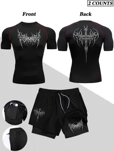 Men's Sporty Two-Piece Set, Gothic Print Top & Multi-Pocket Shorts, Slim Fit Workout Gear, Ideal for Basketball, Boxing, Gym Training, All Seasons