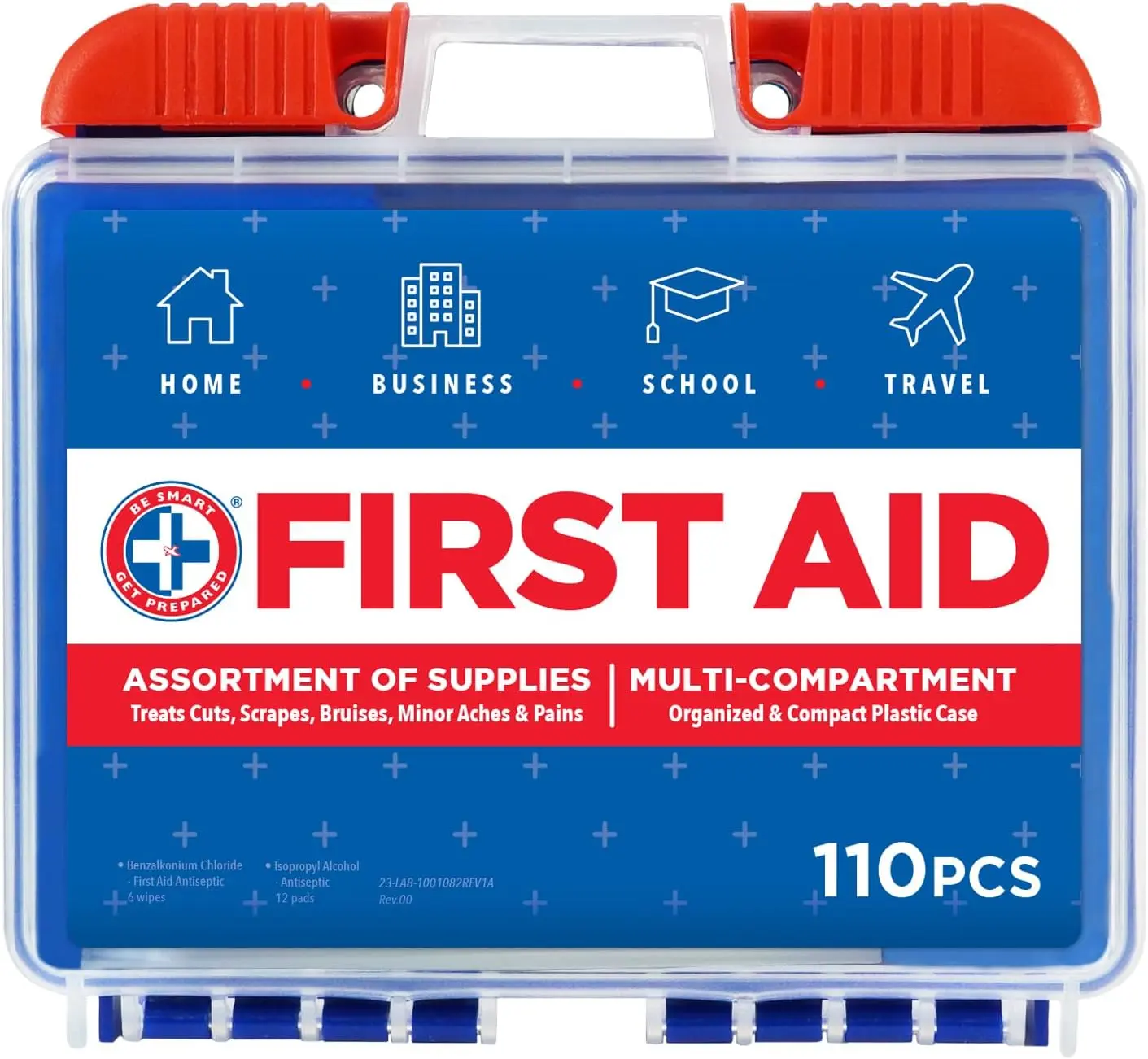 Be Smart Get Prepared 110-Pc High-Density Impact-Resistant First Aid Kit - Clean, Treat, Protect Minor Cuts, Compact, Multi-Compartment, 2 Examination Gloves, 1 Adhesive Tape Roll, FSA/HSA Eligible for Home, Travel (Packaging May Vary), Alcohol Wipes