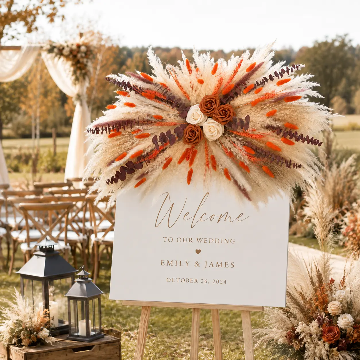 Boho Dried Flower Wall Decor 31-35 Inch, Fall Wedding Arch Backdrop Decoration, Pampas Grass Floral Arrangement with Orange Accents, Rustic Ceremony Decor
