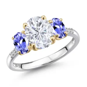 Gem Stone King 925 Silver and 10K Yellow Gold White Moissanite and Blue Tanzanite and Lab Grown Diamond Engagement Ring For Women | 3.06 Cttw | Oval 9X7MM | Birthstone