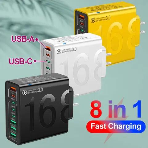 8-Port Fast Charging Hub - 4 USB-C & 4 USB-A Compact Versatile Charging Solution, AC Power Supply Adapters for Phones/Tablets, Portable Smart Multi-Device iPhone-Compatible Charger Kit
