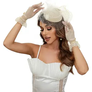 20s 50s Pillbox Derby Fascinator Hat Veil  Fascinators Hair Clip Wedding  Party Hat and Short Lace Gloves for Women