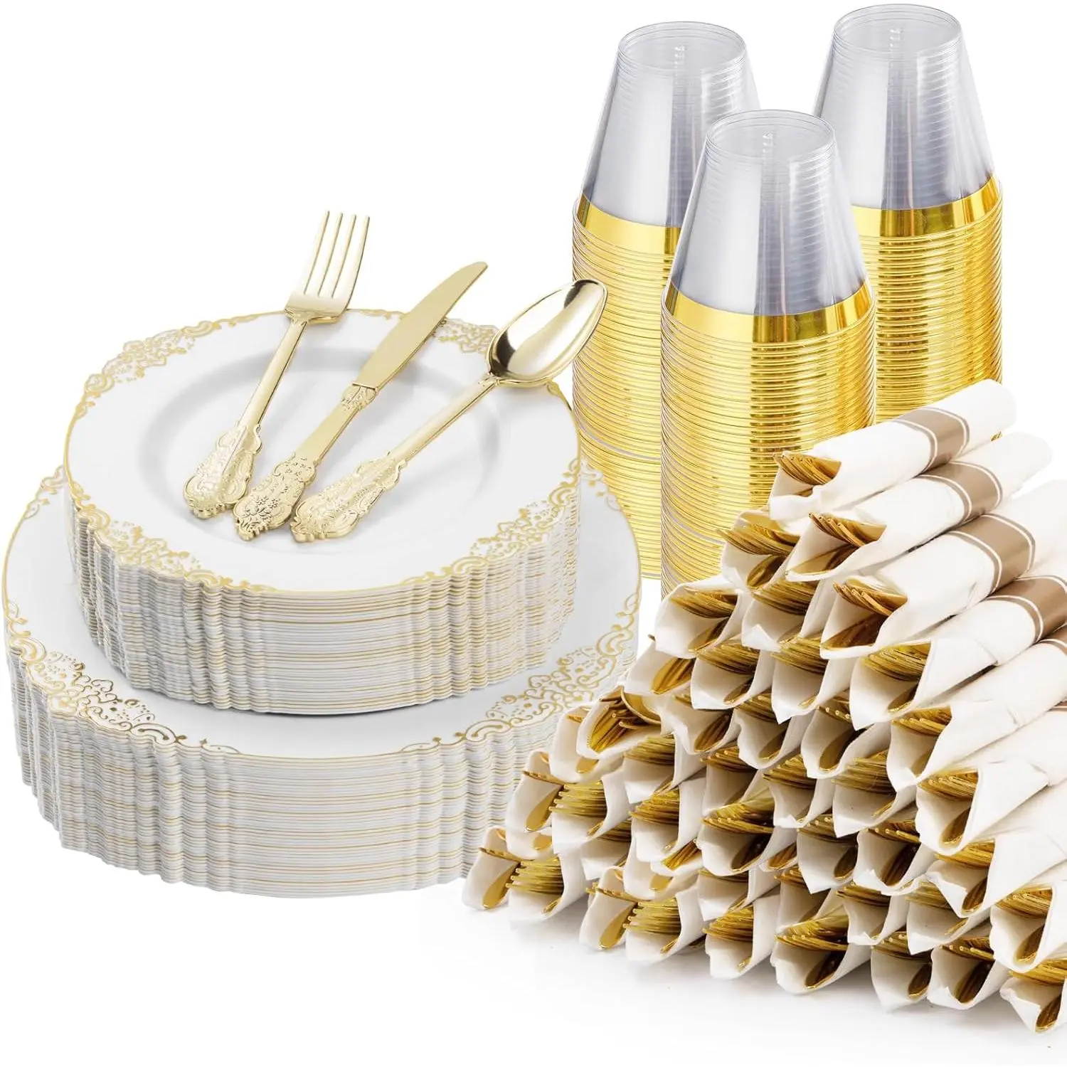 350 count  Plastic Plates for 50 Guests, Disposable Dinnerware Sets Include 100  Rim Plastic Plates, 50 Silverwares, 50 Cups, and 50 Pre Rolled Napkins for Party, Wedding, Graduation