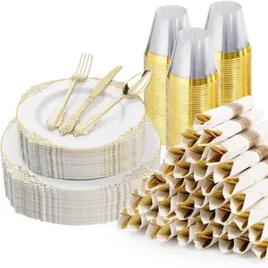 350 count  Plastic Plates for 50 Guests, Disposable Dinnerware Sets Include 100  Rim Plastic Plates, 50 Silverwares, 50 Cups, and 50 Pre Rolled Napkins for Party, Wedding, Graduation