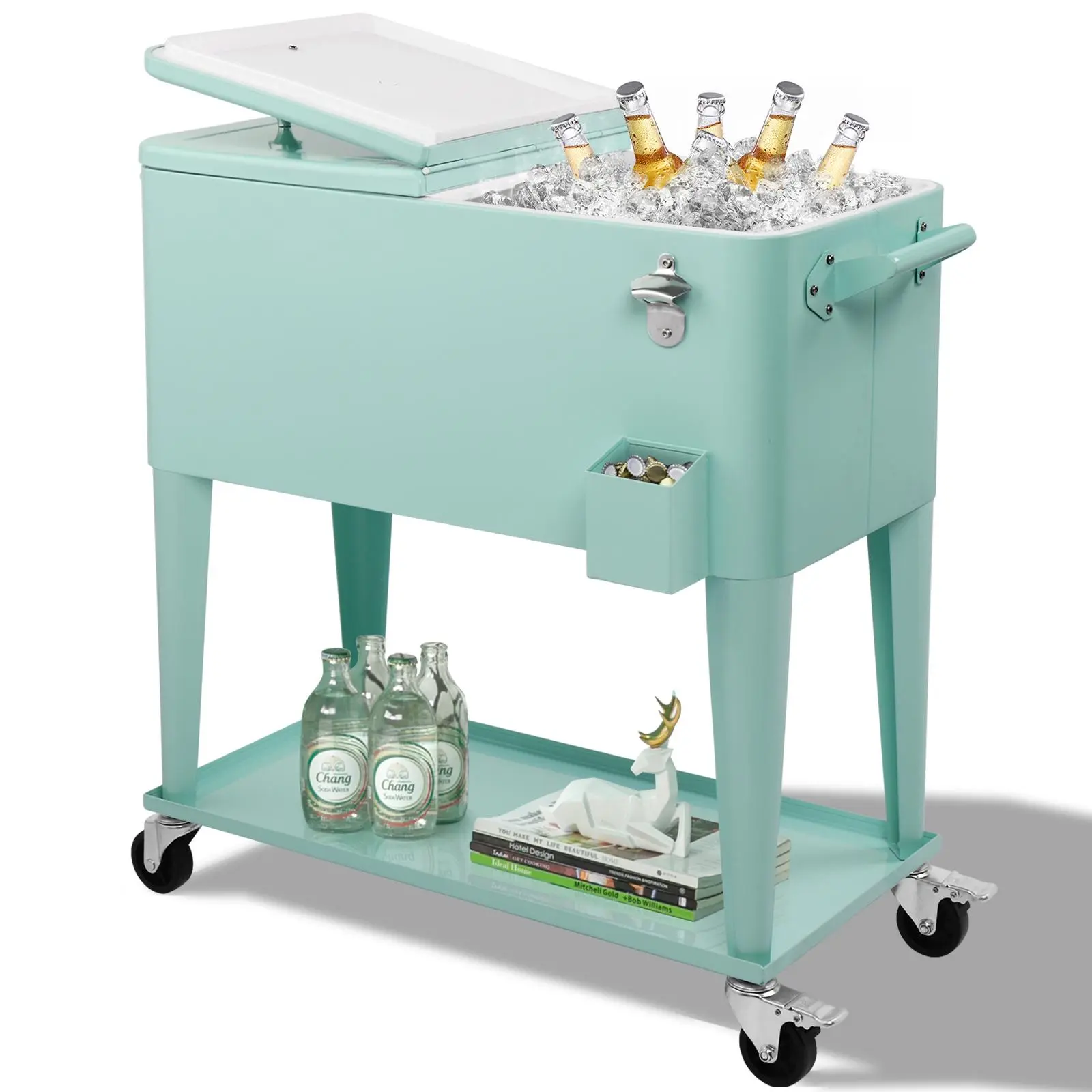 UBesGoo 80 Qt Rolling Patio Cooler Ice Chest - Outdoor Cooking, Camping Solution with Shelf, Wheels, Bottle Opener, Portable Party Drink Cart