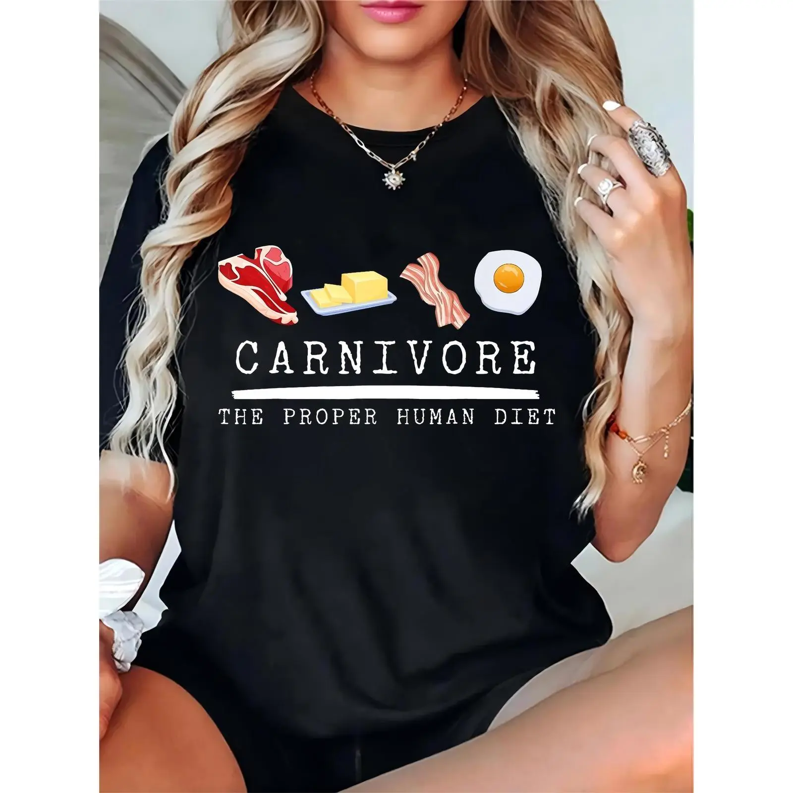 Women's Basic Short-Sleeve Black Carnivore Diet Graphic T-Shirt - Features Meat, Butter, Bacon, Egg - Feminine Elegant Day Top for Diet Enthusiasts, Essential, Breathable, Comfortable, Shortsleeve, Prints, Ladies, Fit, Cotton, Food Themed Women's T-Shirts