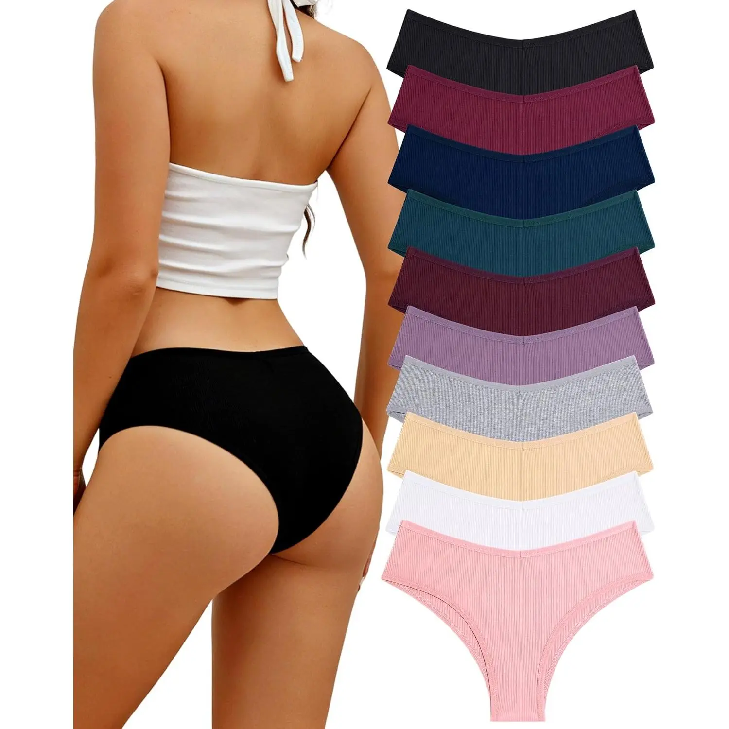 Women's Cotton Stretchy Basic Panties, 10-Pack Low-Rise Cheeky Hipster Underwear for Ladies with Sexy Stretch V-Waist, Breathable Knickers, S-XXL Sizes