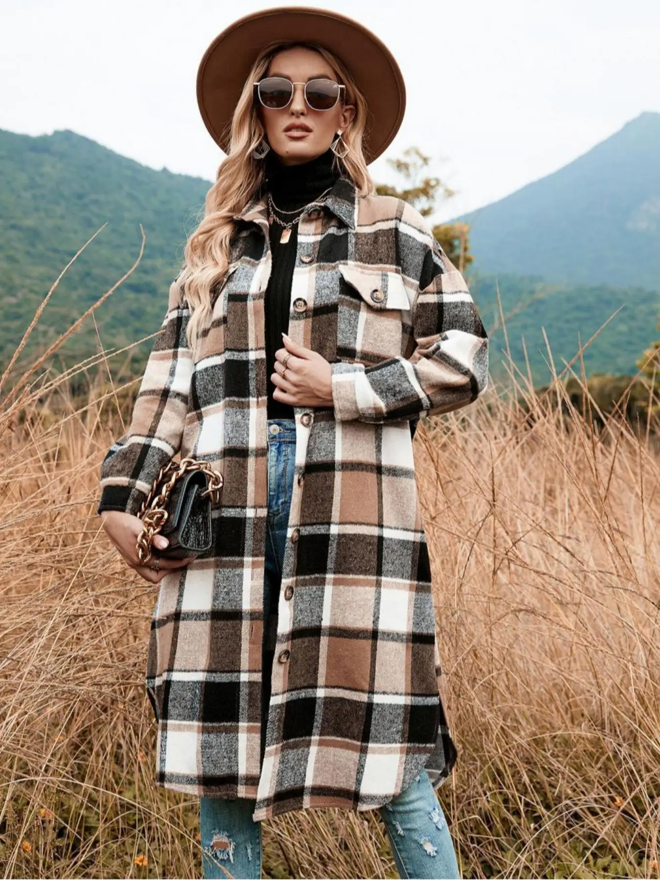Women's Plaid Print Button Front Split Side Warm Coat, Casual Loose Drop Shoulder Long Sleeve Collared Outerwear for Daily Wear, Women's Clothes