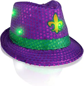 FlashingBlinkyLights Mardi Gras Sequin Light Up LED Fedora Hat with Fleur de Lis Patch & Jade LEDs for Concerts & Parties
