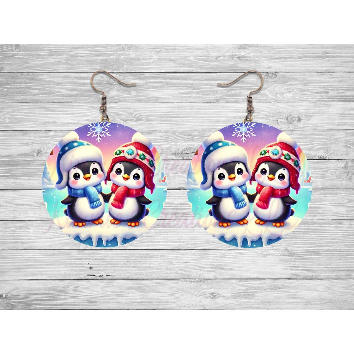 Penguin Bros Round Earrings - Colorful Design with Snowflakes, Ideal for Holiday Fashion