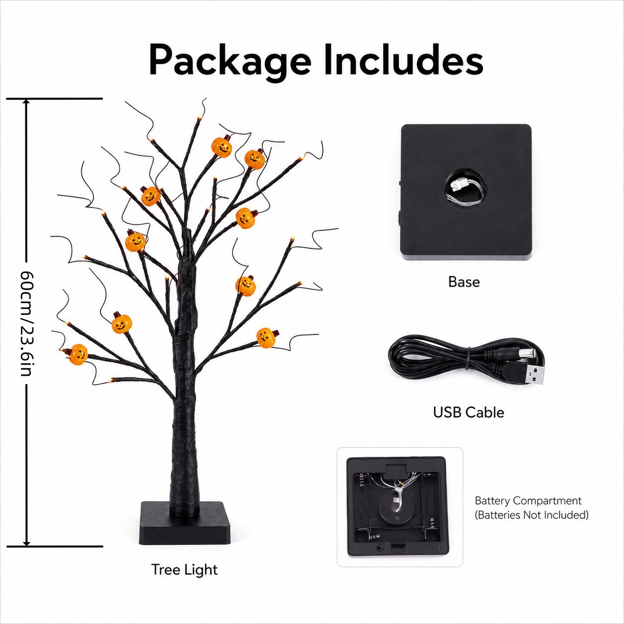 2-Piece Set, Halloween Tree Lights, 24-inch, Orange and Purple Glow, 24 LEDs, USB + Battery Powered, Halloween Decor, Suitable for Indoor Home Haunted Rooms, Fireplaces, Entryways, TV Console Decor