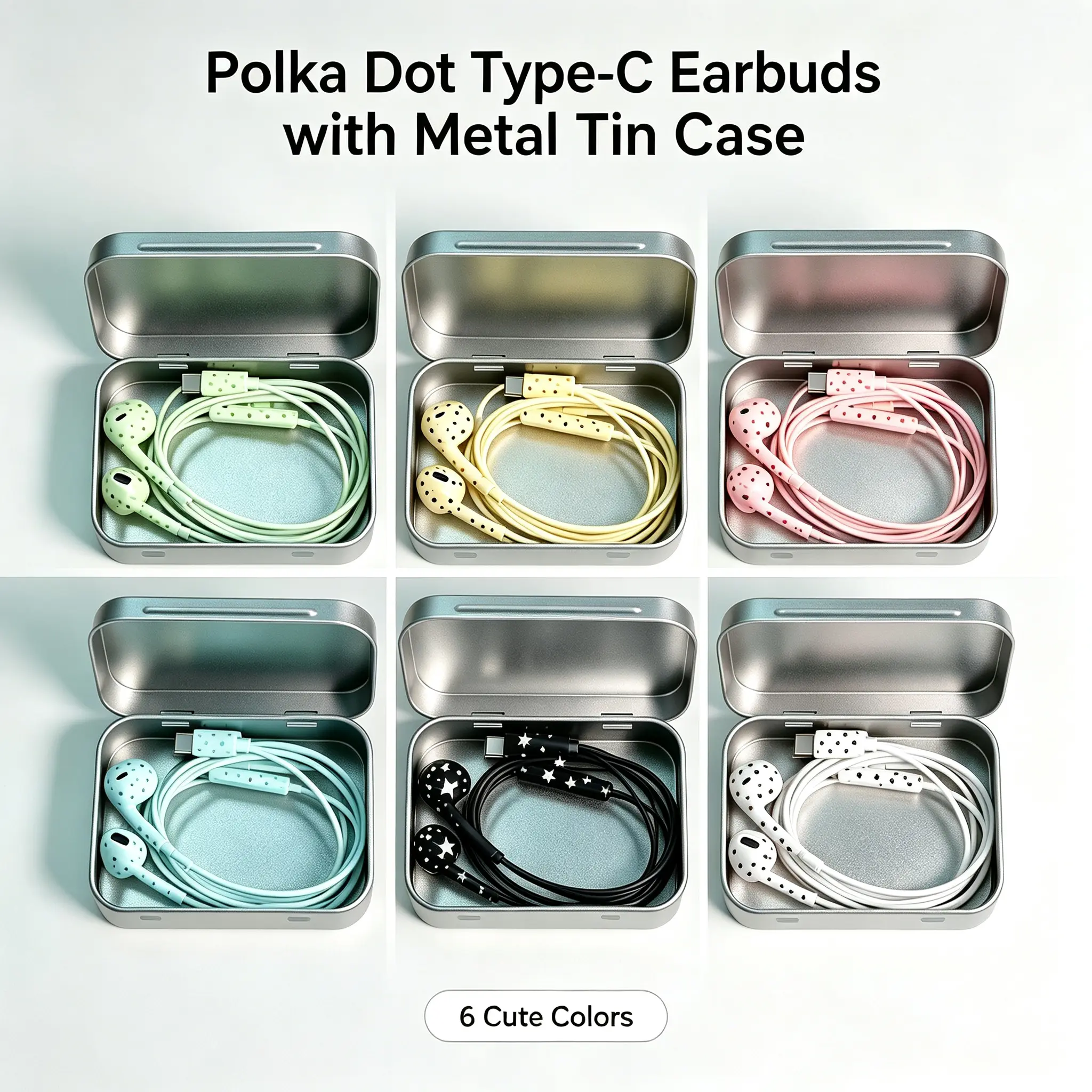 Cute Polka Dot USB C Type-C Wired In-Ear Earbuds, Multi-Use Metal Tin Case Included, Portable Mini Organizer for School, Travel