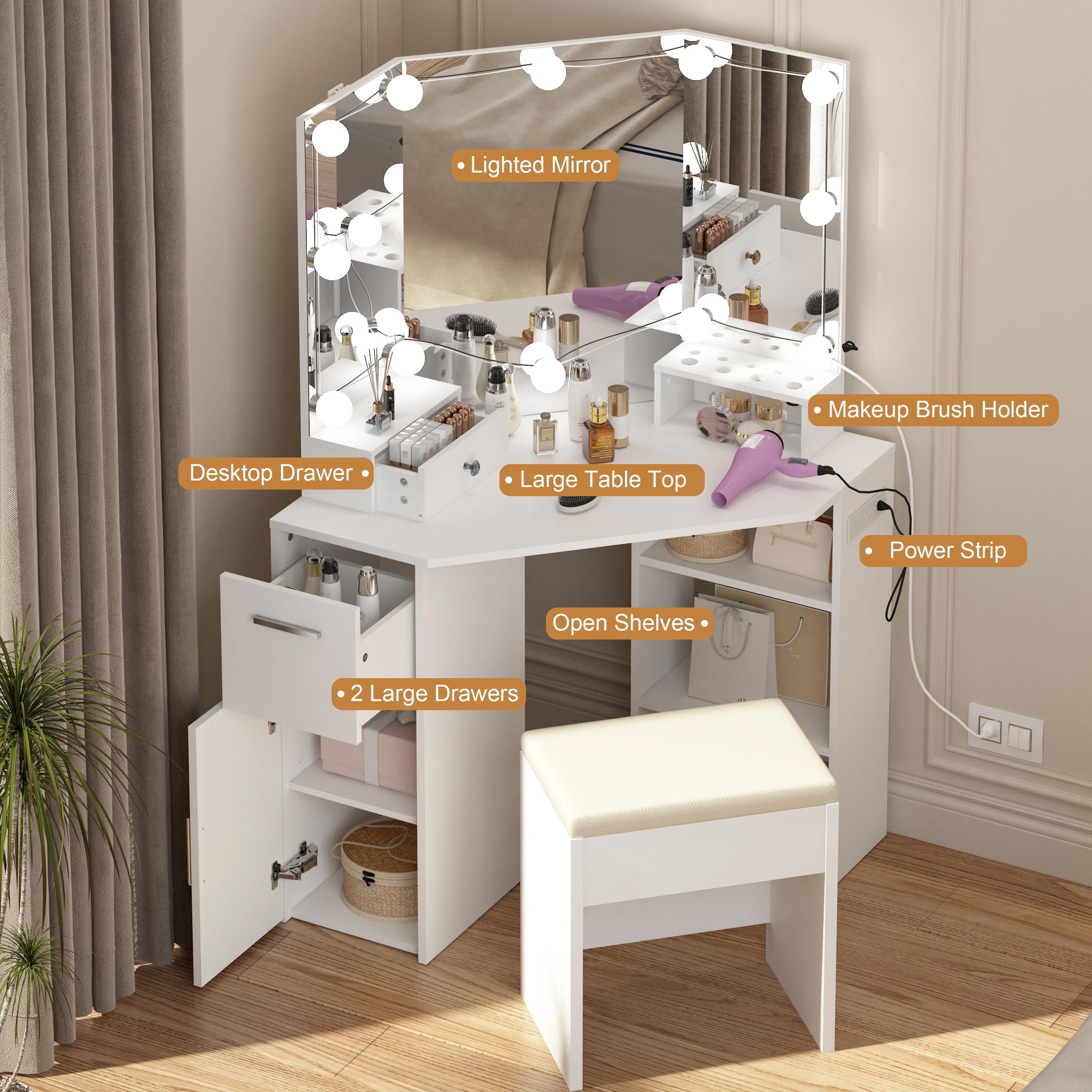 Corner Makeup Vanity Desk with LED Lighted Mirror & Power Outlet, Vanity Table Set with 2 Drawers & Stool, 3 Color Lighting Modes White Vanity for Bedroom