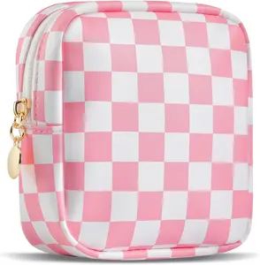 Small Makeup Bag for Purse, Mini Checkered Makeup Pouch for Women Girls, Little Cute  Make Up Bags with Zipper, Leather Travel Toiletry Organizer for Teen (Pink)