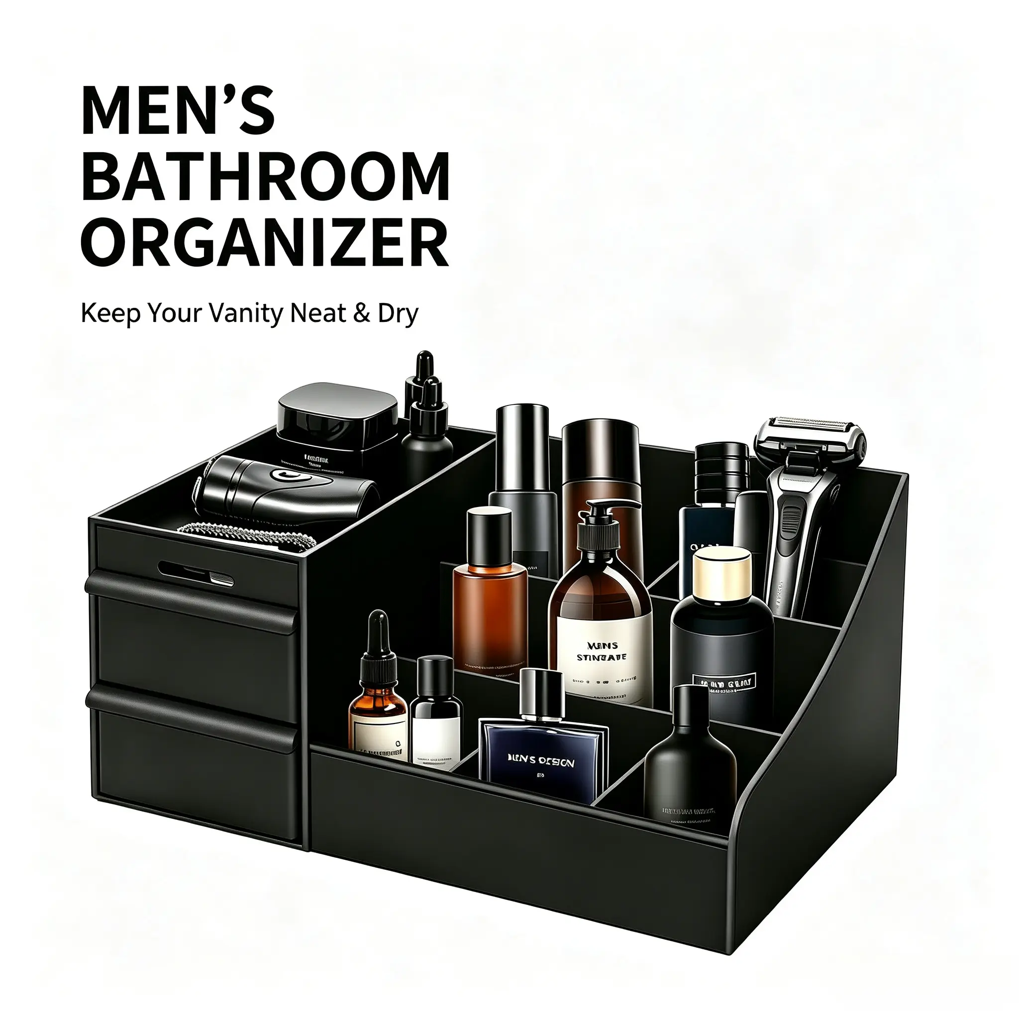 Men's Minimalist Compartmentalized Rectangular Toiletry Storage Box - 1 Unit Compact Plastic Bathroom Countertop Organizer with 2 Pull-Out Hidden Drawers, Drainage Holes, Waterproof, Washable for Shaving Tools, Skin Care Products, Decor