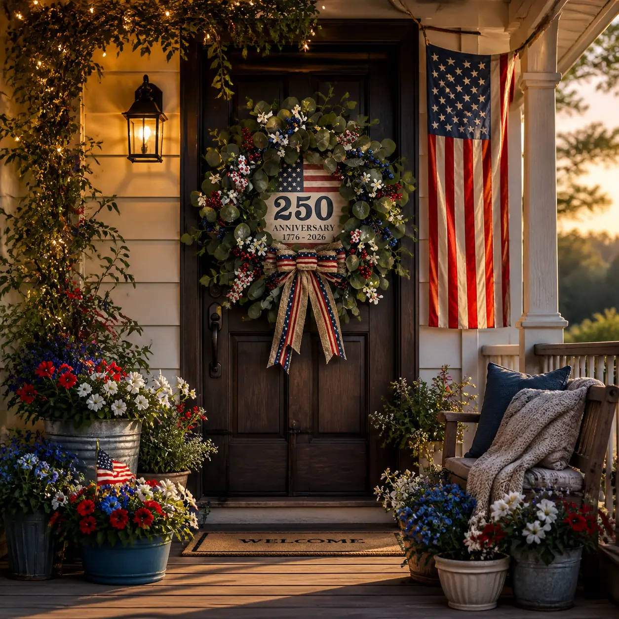 23 Inch USA 250th Anniversary Patriotic Indoor and Outdoor Decorations,  National Flag Week, 4th of July Eucalyptus Wreath for Front Door - 1776-2026 Memorial Day Wreaths with Red White Blue Berries and Bow, Flag Day, Independence Day