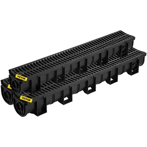 summervibes 3-Pack Size HDPE Plastic Trench Drain System, 5.8x5.2x39.4-Inch Drainage Trench with 3x39-Inch Plastic Grate, Black Garage Floor Drain with End Caps Set for Garden, Driveway