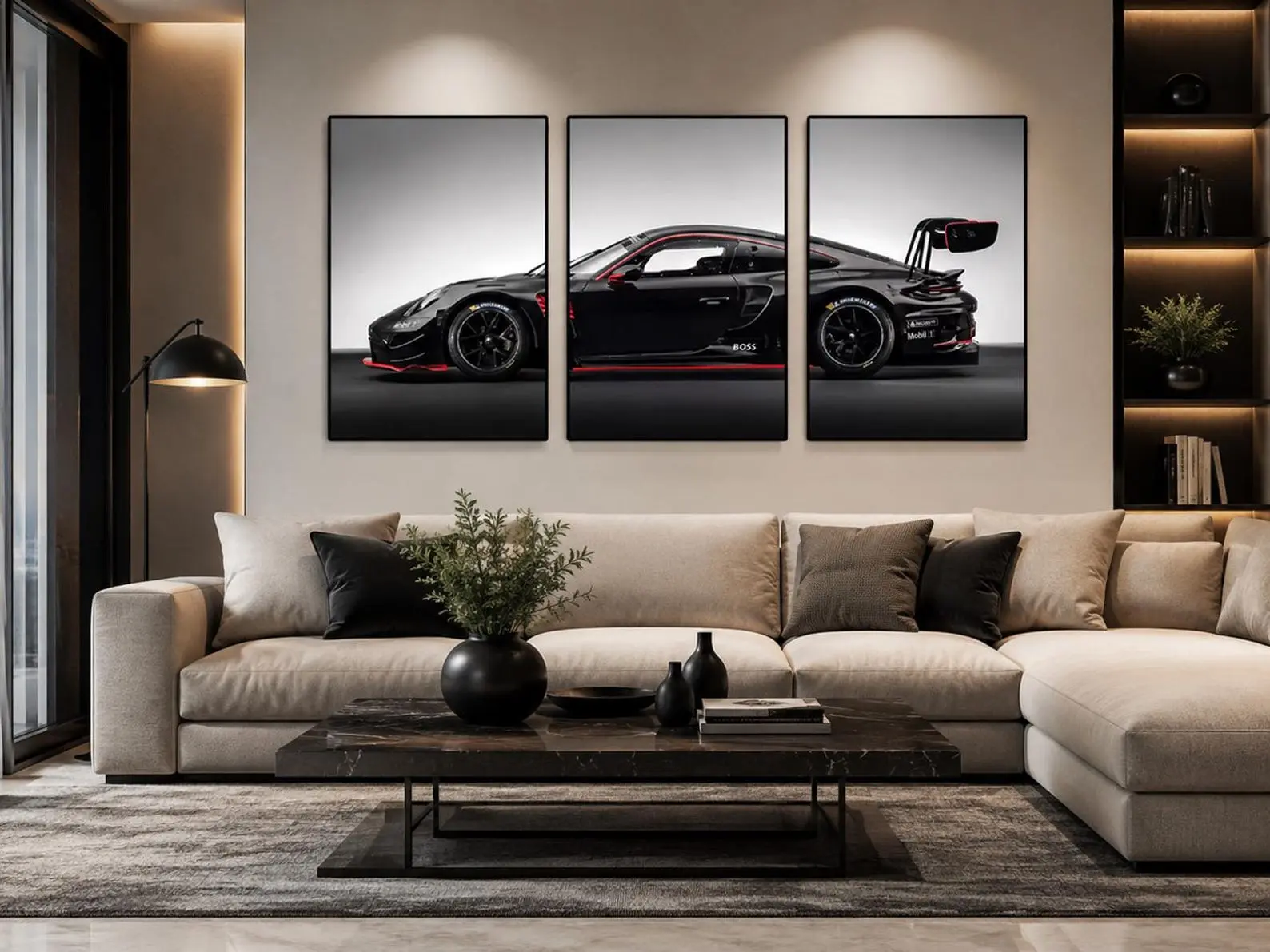 Black Porsche GT3 RS 3 Piece Wall Art Modern Supercar Canvas Print, Luxury Garage Decor Industrial Car Poster Automotive Gift Man no frame
