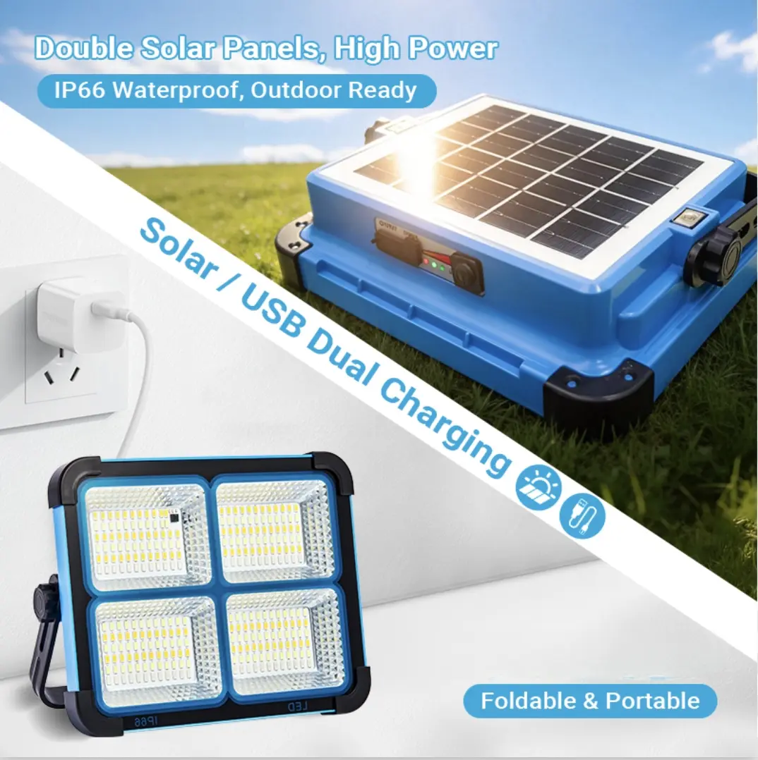 Qawtor 288-LED Solar Rechargeable Foldable IP66 Waterproof Flood Spot Work Light, USB Charging, Emergency Mode, 180° Adjustable Stand, Portable Lantern for Camping, Garage