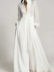 Elegant Stand Collar Deep V Long Dress, 2026 Summer New Arrival, Slim-Fitting Waist-Defined Design, All over Print, Women's Fashion Dress