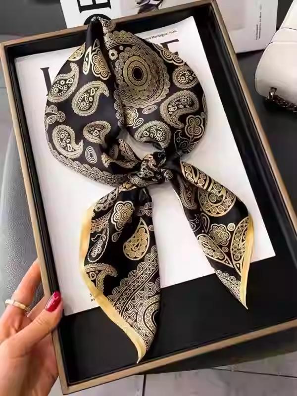 100% Mulberry Silk [Black Gold Apricot Blossom 65 True Silk Square Scarf] High-End Satin Silk Scarf Look Rich Blue Paisley Scarf  dragon scarf