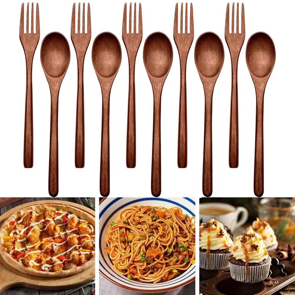 Wooden Spoons Forks Set Wood Dinner Utensil Set Reusable Flatware Tableware Set Handmade Natural Cutlery Set Includes Wood Spoon Fork for Cooking Stirring Eating (10 Pieces) cooking tool