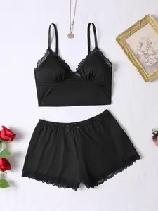 Women's Solid Color Camis Bra & Shorts Two-piece Set, Casual Comfy Breathable Underwear Sets for Daily Wear, Ladies Underwear for All Seasons