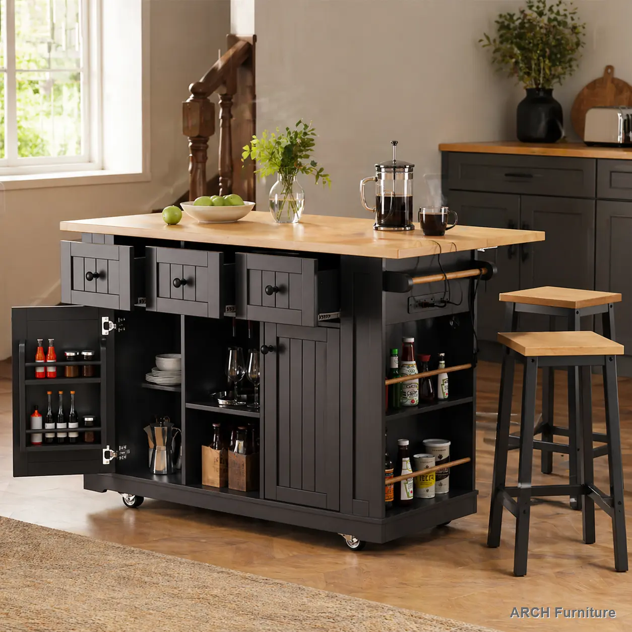 53 in Sturdy Compact Wood Laminate Kitchen Island Cabinet (3 Packages) - 2 Bar Stools, USB Power Supply, Drop Leaf, 5-Wheel Cart, 3 Drawers, 5 Open Side Racks, Internal Storage Rack Door, Black Apartment/Dormitory Furniture, Spice Organization, Easy Setup
