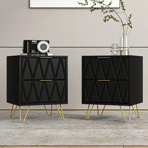 Spaco 2-Piece Modern Wood Nightstands - Bedside Cabinet, 2-Drawer Storage, Black Dual-Use Side Table Bedroom Furniture, Metal Legs, Compact Apartment Rectangle Sofa End Tables, Assembly Required, Black and Gold Bedroom Furniture