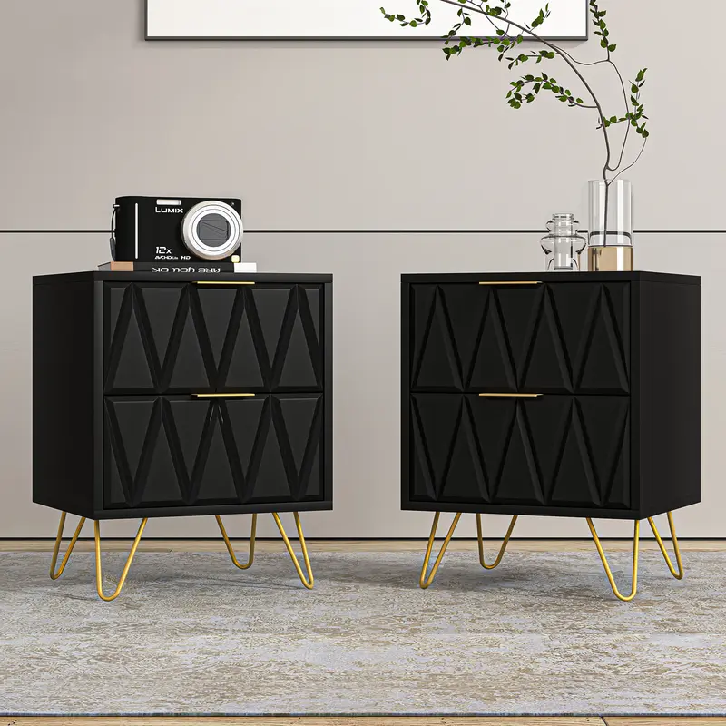 Spaco 2-Piece Modern Wood Nightstands - Bedside Cabinet, 2-Drawer Storage, Black Dual-Use Side Table Bedroom Furniture, Metal Legs, Compact Apartment Rectangle Sofa End Tables, Assembly Required, Black and Gold Bedroom Furniture