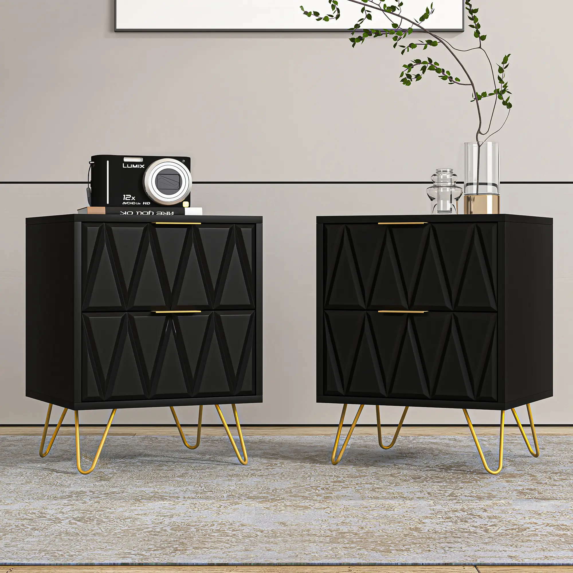 Spaco Modern Black Nightstand Set of 2,Double End Side Table with 2 Drawers,Stylish Bedside Table for Bedroom and Living Room,Dual Night Stand with Me