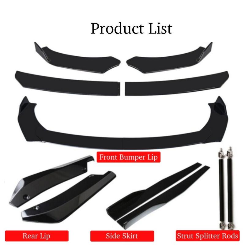 Glossy Front Bumper Lip Kit, Universal Car Bumper Protection Kit - Adjustable 4-Section Front Bumper Lip, Black Chin Spoiler Splitter, Rear Lip & Side Skirt, Easy Install & Durable Design, Fits Honda Toyota Mazda Nissan Ford Mercedes-Benz Hyundai Subaru