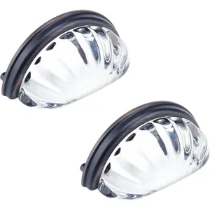 3" Hole Centers Clear Glass Cabinet Cup Pulls Scalloped Crystal Glass Round Cup Pull Handles Oil Rubbed Bronze Drawer Cupboard Dresser Pulls Pack of 2