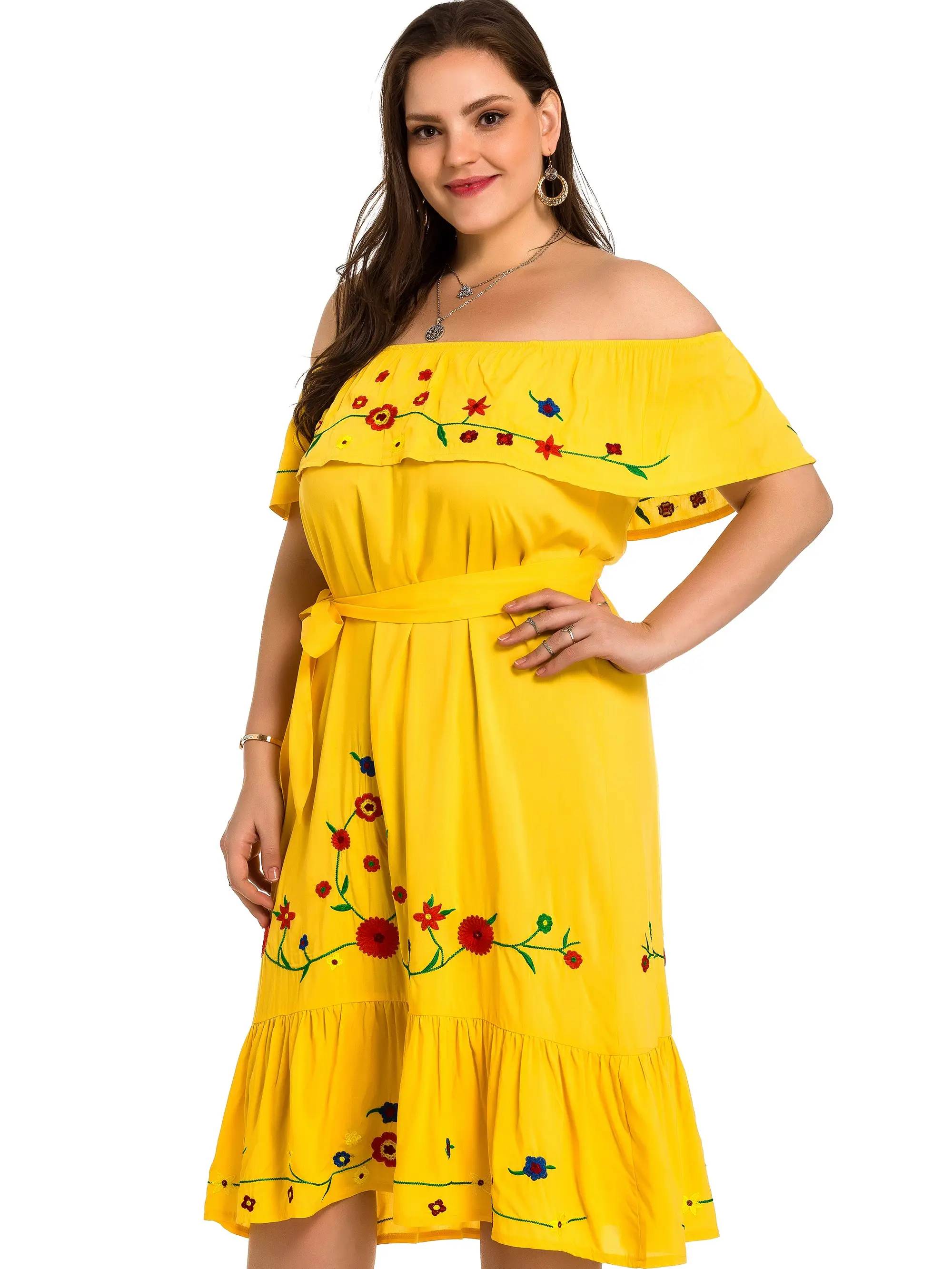 embroidered mexican dress plus size Camila Red Floral Embroidered Mexican Dress- Vestido Mexicano Bordado Floral main image 1