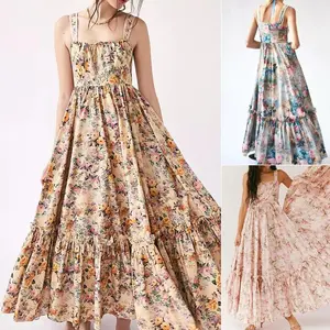 Women Slip Dress, Sleeveless Floral Pleated Swing Dress, Summer Long Vacation Dress, Ladies Dress for Indoor Outdoor Wear, Ladies Clothes for Daily Wear, Casual Dress
