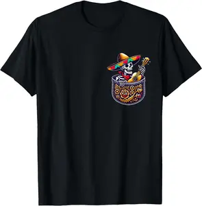 Funny Skeleton Mariachi Guitar Pocket Cinco De Mayo Mexican Unisex T-Shirt Cotton Menswear Man Classic
