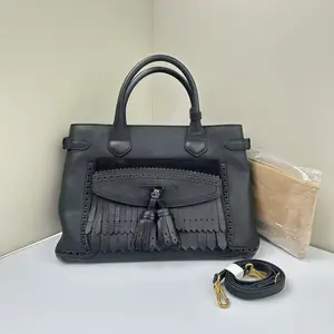 Pre-owned BURBERRY Calfskin Shoulder Bags Tassel Banner Medium Tote Black CPU0614