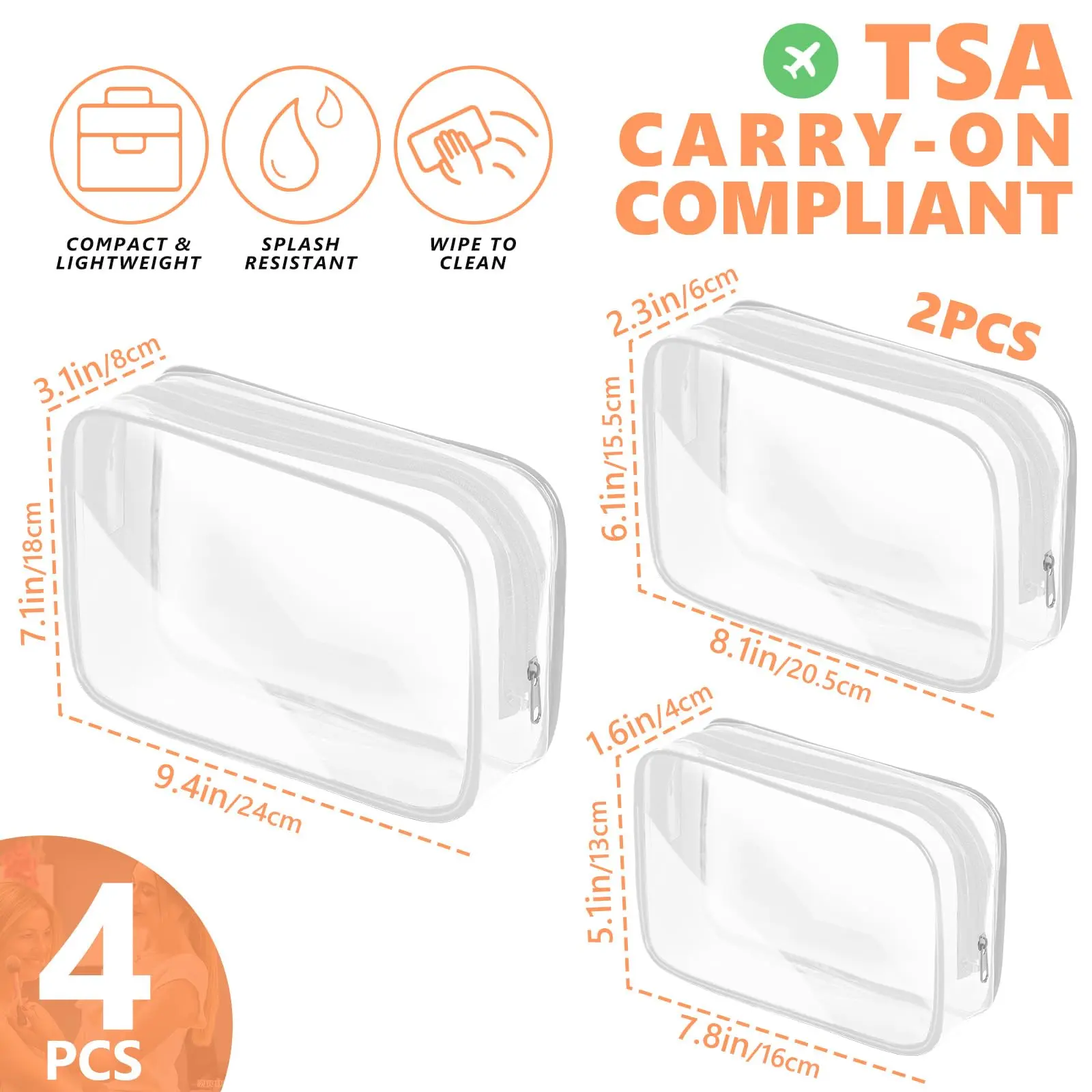 4 Pack Clear Plastic Zippered Toiletry Carry Pouch TSA Approved Toiletry Bag Portable Cosmetic Makeup Bag for Vacation, Bathroom and Organizing