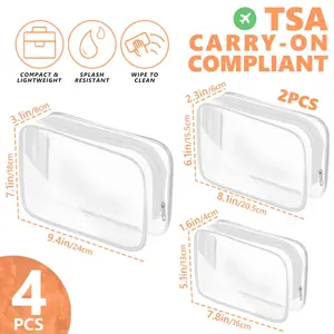 4 Pack Clear Plastic Zippered Toiletry Carry Pouch TSA Approved Toiletry Bag Portable Cosmetic Makeup Bag for Vacation, Bathroom and Organizing