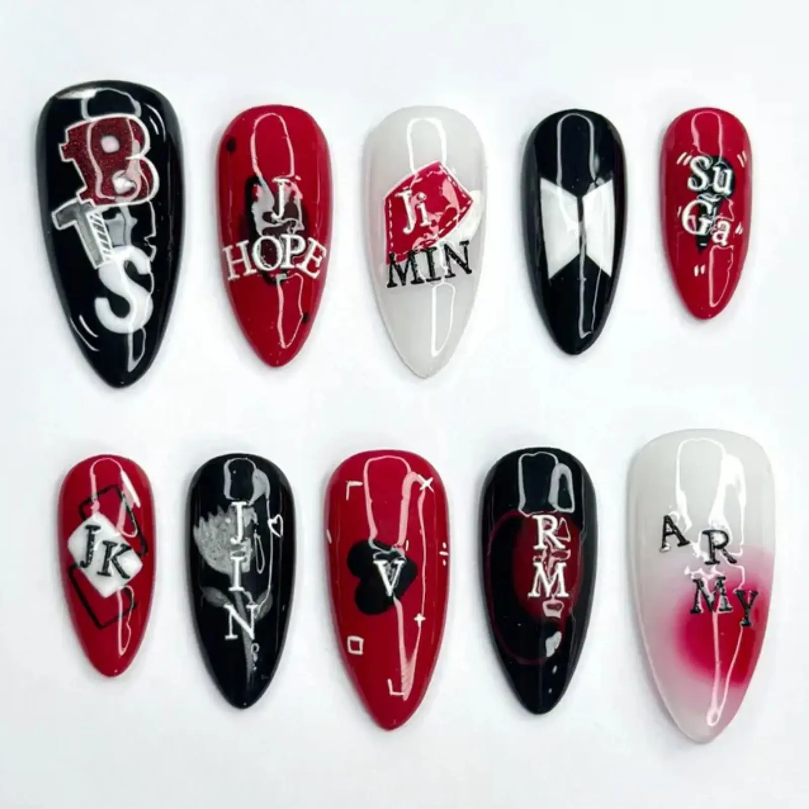 Red Black Kpop Press On Nails | Kpop Inspired Nail Art | Concert Aesthetic Almond Nails | Edgy Graphic Press Ons | Kpop Fan Nails
