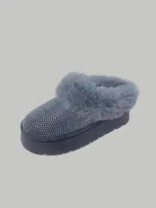 WILD DIVA Embellished Faux Fur Platform Booties — Rhinestone Slipper Shoes, Fluffy Ankle Boots
